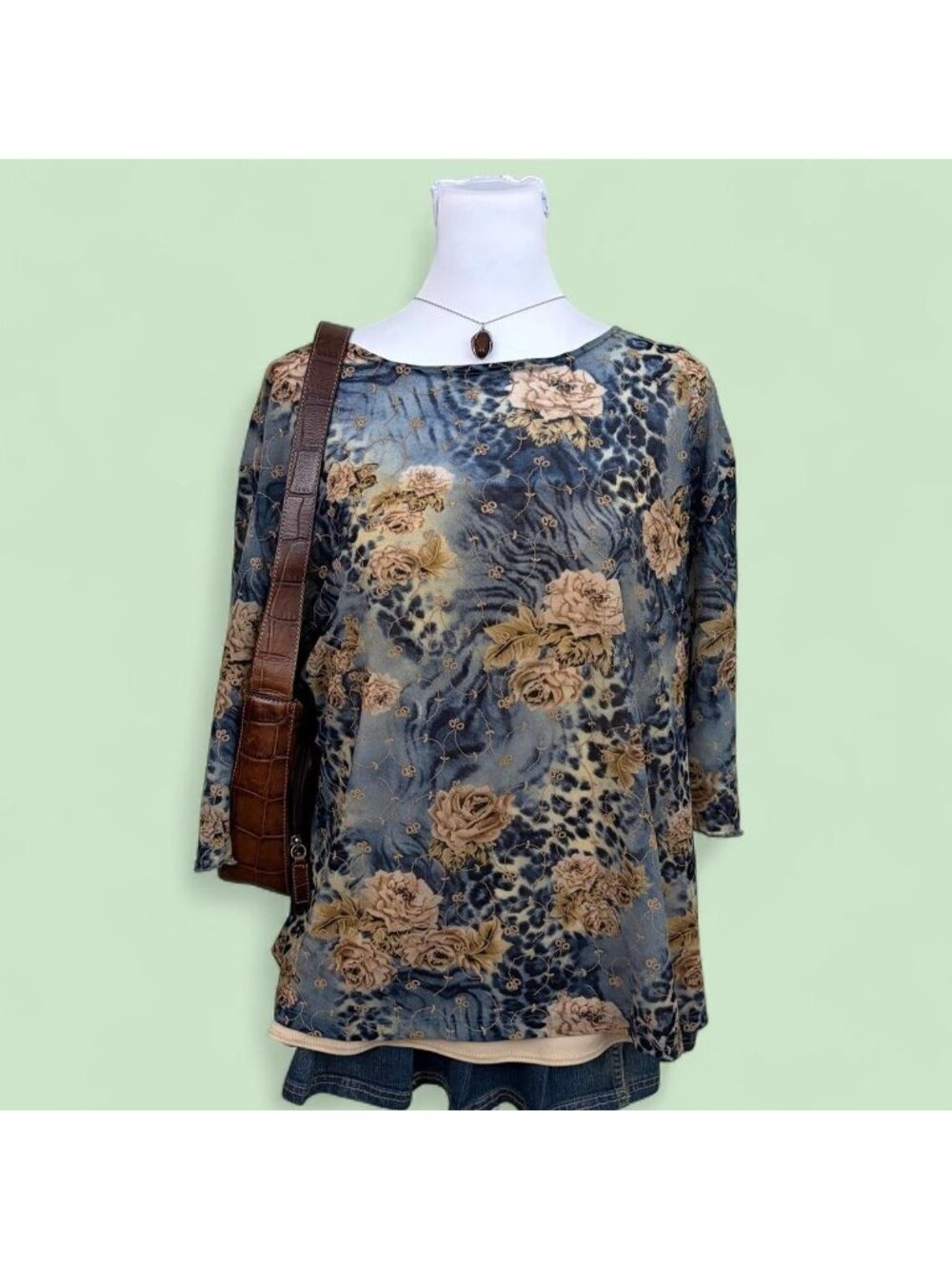 90s floral animal print boho mesh top